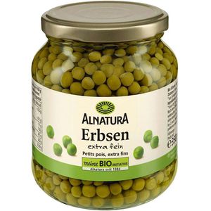 Alnatura Gemüsekonserve Erbsen extra fein, BIO, ohne Zuckerzusatz, im Glas, 350 g