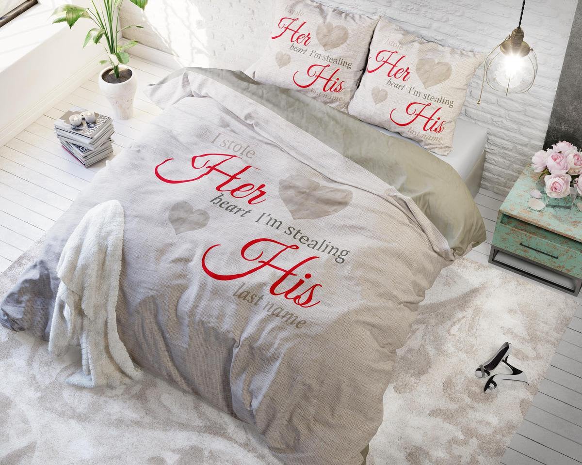 Sleeptime Her Heart, His Name Dekbedovertrek Eenpersoons met 1 kussensloop - Taupe - B/D/H: 140 x 200 cm, Kussensloop: 60 x 70 cm