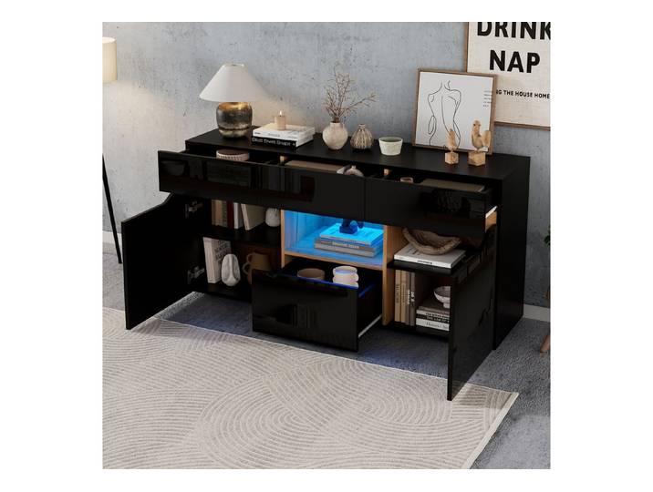 HAUSS SPOLE Sideboard Hochglanzfront Grifflose Schubladen Kommoden mit Stauraum&LED Schwarz