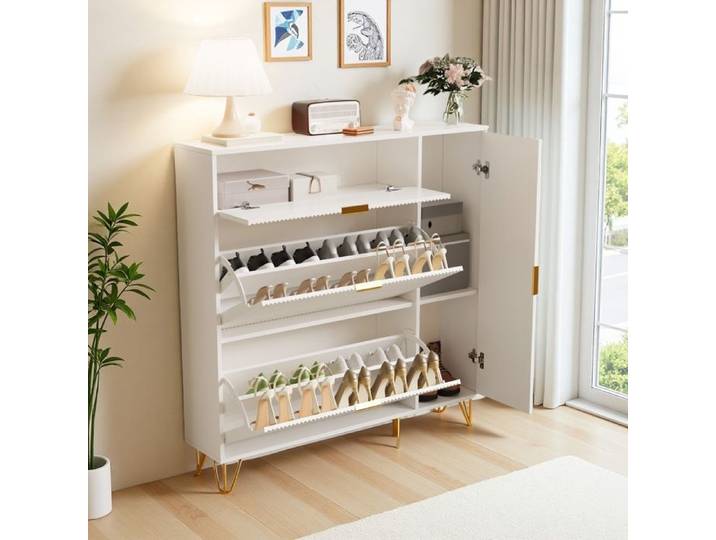 Meuble à Chaussures Meuble de Rangement à Chaussures Armoire à Chaussures avec Étagères et Tiroir Rabattables Blanc