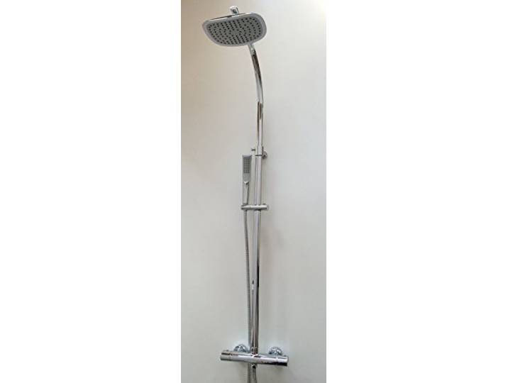 ADOB Thermostat Duschsystem, Wellness Dusche New Malaga, Messing verchromt, höhenverstellbar, 1100-1320 mm, Thermostatarmatur, Kopf- und Handbrause, Antikalknoppen, Wandmontage, Silber