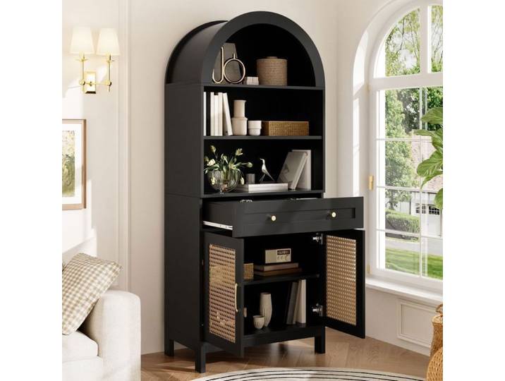 Vitrine - WESTYLE - Design Arche - 70x40x170 cm - 3 étagères ouvertes - Portes en rotin 1 tiroir