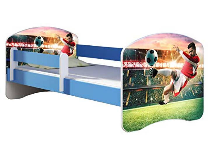 ACMA Kinderbett 160x80 cm Blau mit Matratze & Lattenrost – Jugendbett mit Rausfallschutz, personalisiertes Motiv 37 Fußballer 2, stabiles Kinderbett für Kinderzimmer, belastbar bis 120 kg