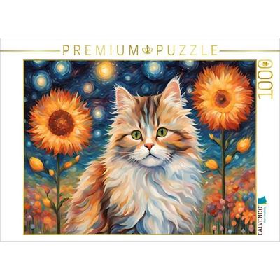CALVENDO Puzzle Katze gemalt nach van Gogh mit Blumen | 1000 Teile Lege-Größe 64x48cm Foto-Puzzle für glückliche Stunden