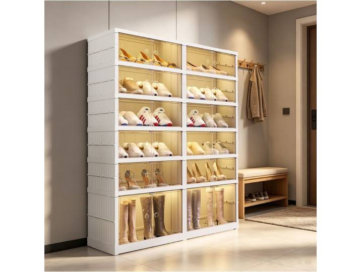 MEUBLIV Meuble à chaussures pliable 6 niveaux 24 paires portes magnétiques espace bottes blanc