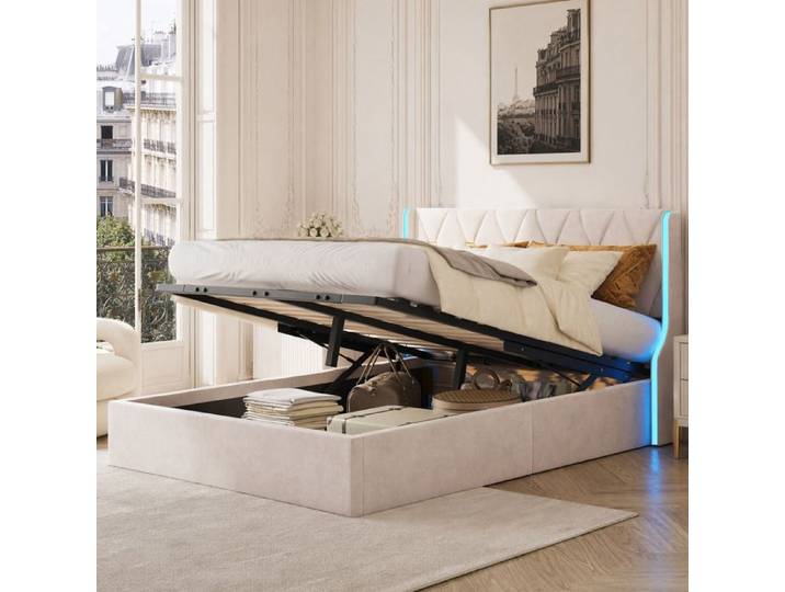 Lit coffre 160x200 avec sommier SORVAGLOS lit 160x200 avec rangement hydraulique lit double rembourré Velours beige lit 2 personnes