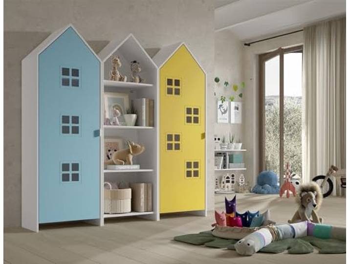 möbelando Kleiderschrank >CASAMI Bruges< in Korpus Weiß/Front Blau u. gelb, MDF