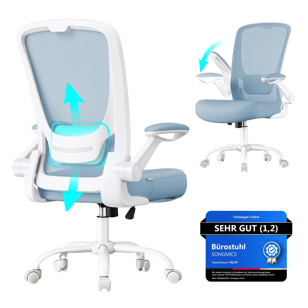 SONGMICS Bürostuhl ergonomisch klappbare Armlehnen nebelblau OBN037Q01