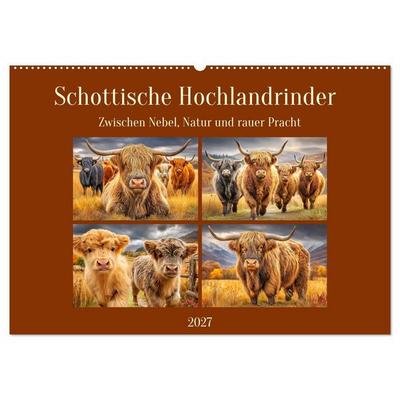 Schottische Hochlandrinder. Zwischen Nebel, Natur und rauer Pracht (Wandkalender 2027 DIN A2 quer), CALVENDO Monatskalender