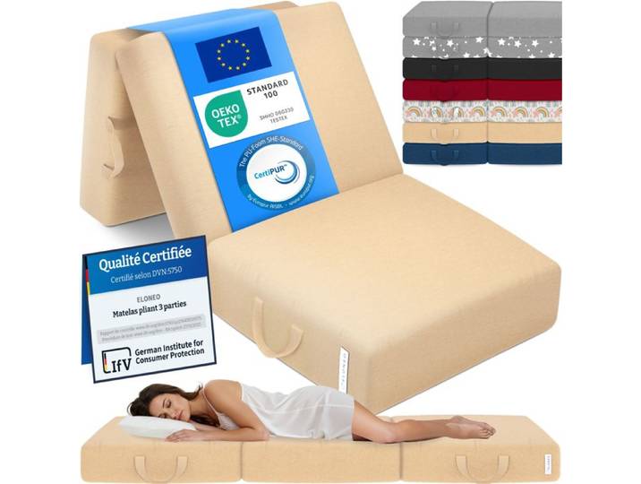 ELONEO Matelas Pliant 3 Parties Mousse Épaisse 15 cm Lavable Pour Adulte 75x195x15 cm beige