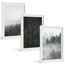 BILDER SET 3er Set - 40x60 cm Weißer Rahmen - Grüne Wälder Nebel Natur