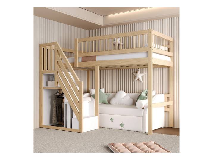 Flieks Hochbett Massivholz Einzelbett Kinderbett 90x200cm mit Stauraumtreppe