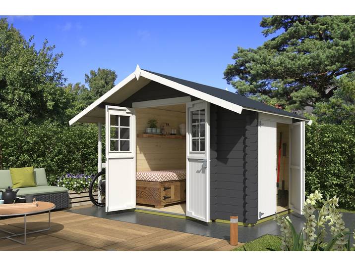 Gartenhaus NORDIC HOLZ Vilano 1 , grau (carbongrau), Fußboden im Gartenhaus, ohne Dacheindeckung, Massivholz, Gartenhäuser, Gartenhaus, mit 3 getrennten Bereiche