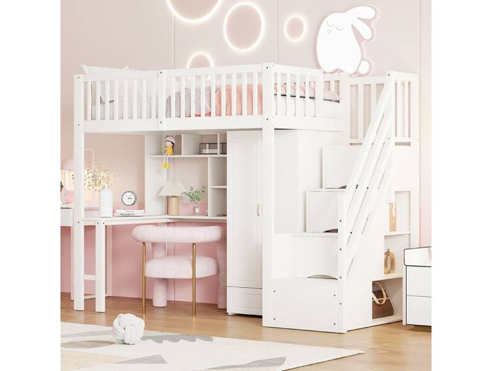 MEULVA Lit mezzanine 90 x 200 cm avec bureau armoire étagère et escalier de rangement blanc