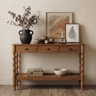 Cusp Barn 47.2'' Mid-Century Modern Wood Console Table, 2-Tier Sofa Table Behind Couch with Carved Legs, Entryway Table with 3 Drawers