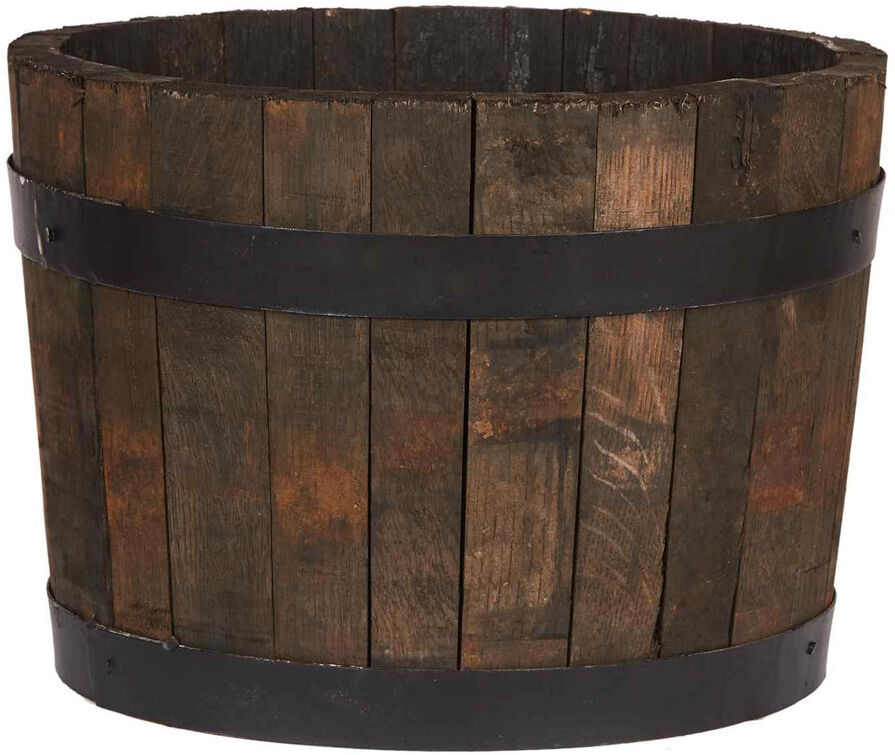 HORTICO Rustic Home And Garden Whiskey Barrel Planter Upsycled Oak Wood Round Tub D40 H30 Cm, 37.7 Ltrs Cap. Brown 30.00cm H x 40.00cm W x 40.00cm D
