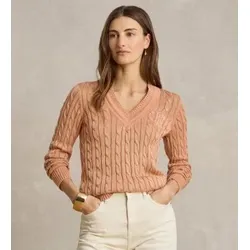 Lauren Ralph Lauren für Damen. 200888795012 Cricket-Pullover aus korallenrotem Achter-Strickstoff (S), Lässig, Baumwolle, Langarm