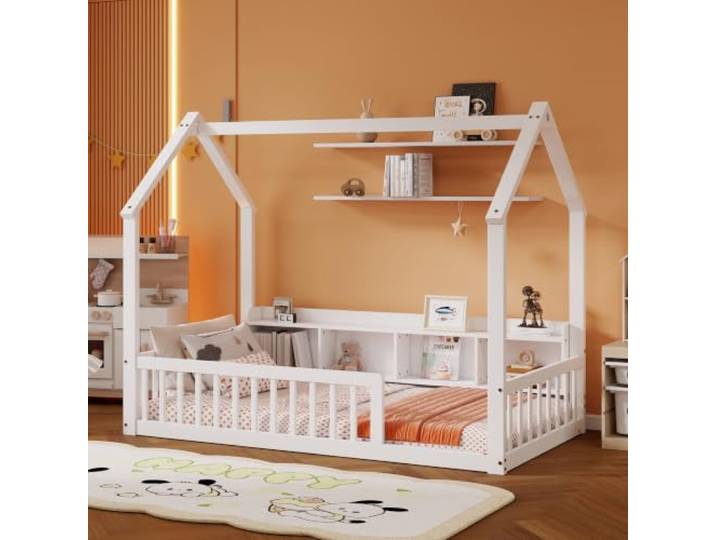 Bellemave Kinderbett Bodenbett 90×200 cm, Hausbett, Kiefernholz, weiß Montessori-Bett mit Ablagefächern und Rausfallschutz, hausförmiges Kinderbett, ohne Matratze