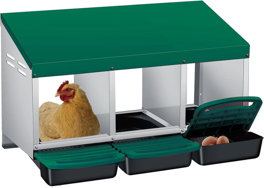 Blue Elephant Chicken Nesting Boxes, 3 Hole Weatherproof Galvanized Steel Chicken Egg Laying Box with Handle Perch & Automatic Rollout Egg Collection Green 47cm H X 79.5cm W X 48cm D