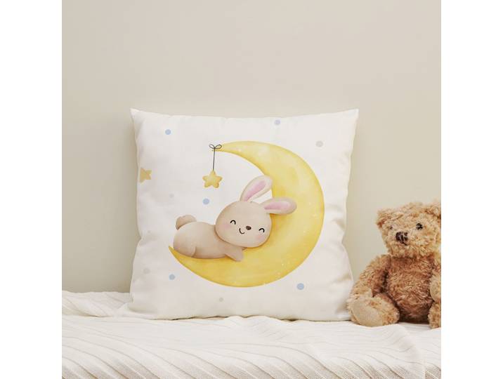 Dekokissen QUEENCE Schlafender Hase , gelb (gelb, stern sterne bedruckt gemustert), B:40cm H:1cm L:40cm, Polyester, Dekokissen_Sitzkissen_Kissenhüllen, Dekokissen, Kissenhülle mit HD Premium Druck, geruchsneutral, 40x40cm