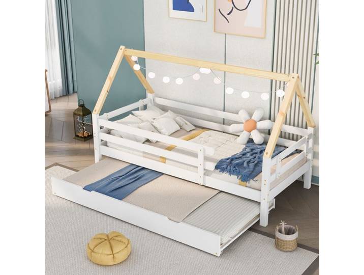 Lit cabane enfant gigogne EVRYAE 90x200 cm avec lit coulissant 90x190 barrières blanc et naturel