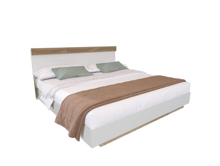 Redom Doppelbett 160/200 cm aus werkstoff mit Lattenrost, Schwebeoptik und Kopfteil, Weiß/Sonoma-Eiche, 160x200 cm, Schlafzimmer, Betten, Polsterbetten