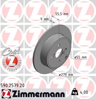 Zimmermann Bremsscheibe Coat Z 590.2579.20 Hinterachse Voll 279mm 9mm Für Toyota