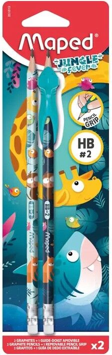 2 Crayons de papier avec gomme + 1 guide-doigt Jungle Fever - Maped