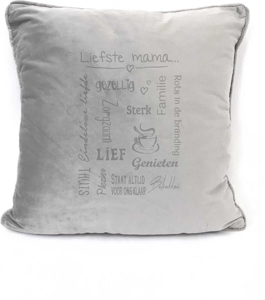 Grijs Velours Sierkussen met tekst Liefste Mama, 45 x 45 cm