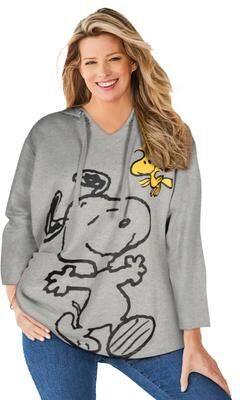 Plus Size Women's Peanuts Womens Hooded Sweatshirt Snoopy and Woodstock by Peanuts in Heather Grey Snoopy Woodstock (Size 10/12)