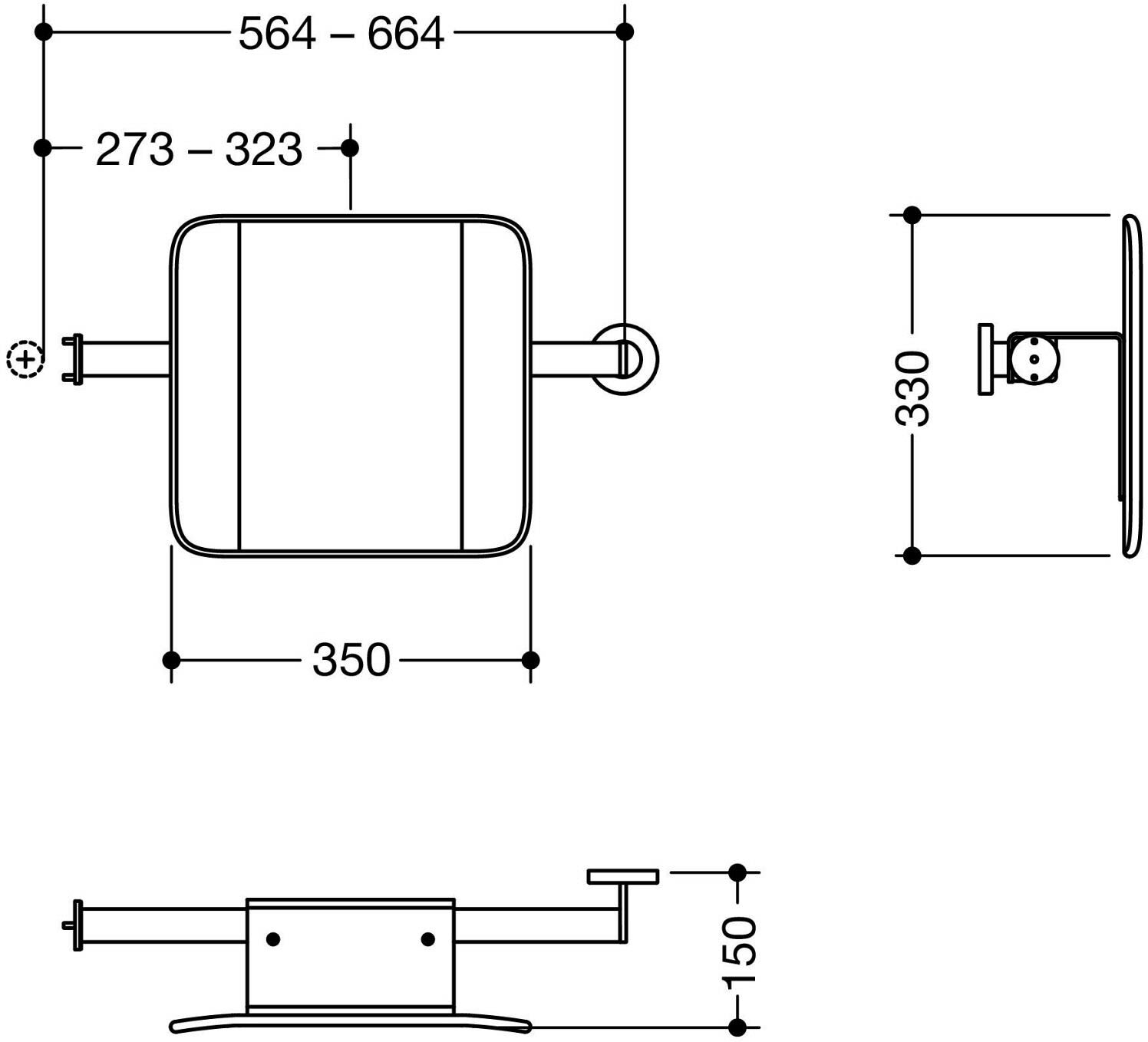 HEWI System 900 Rückenstütze Design A rechts, Achsmaß verstellbar, schmal