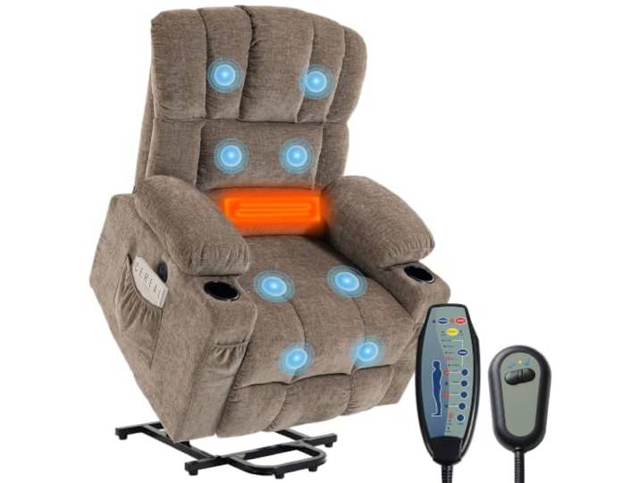 HOMCOM Fernsehsessel Relaxsessel mit Aufstehhilfe, Massage, Wärme, Braun Massagesessel, Elektrisch, Liegefunktion, Fernbedienung, USB-Anschlüsse, Seitentasche, Becherhalter, Chenille-Optik
