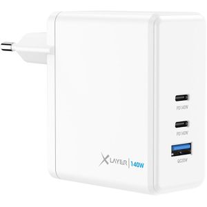 XLayer USB-Ladegerät 220356 GaN, 140 Watt, 2x USB-C und 1x USB-A, 3 Ports, Schnellladegerät
