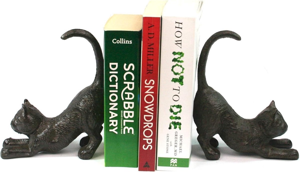 Set van 2 antieke gietijzeren boekensteunen met kattenmotief