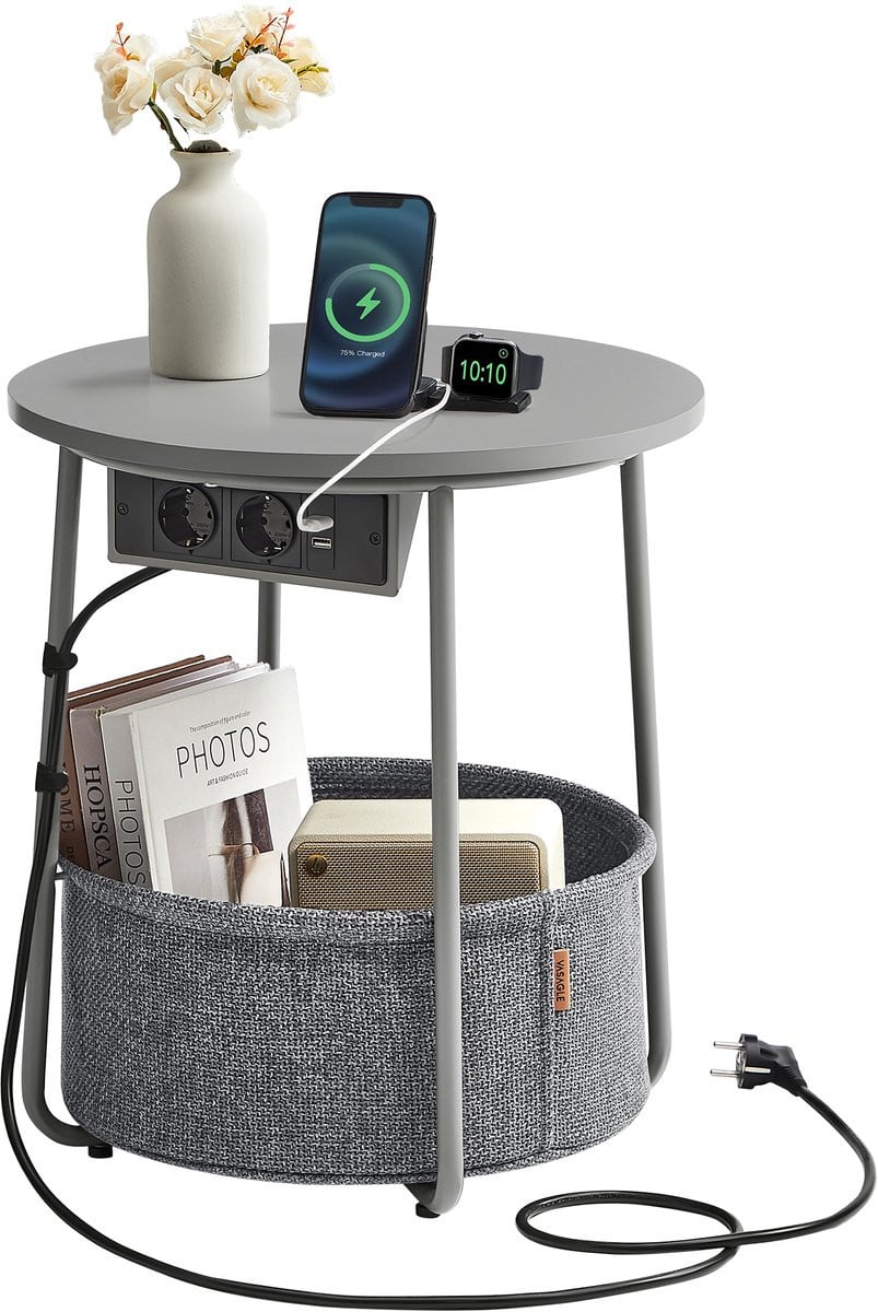 VASAGLE Ronde Bijzettafel met Stoffen Mand en Stopcontacten