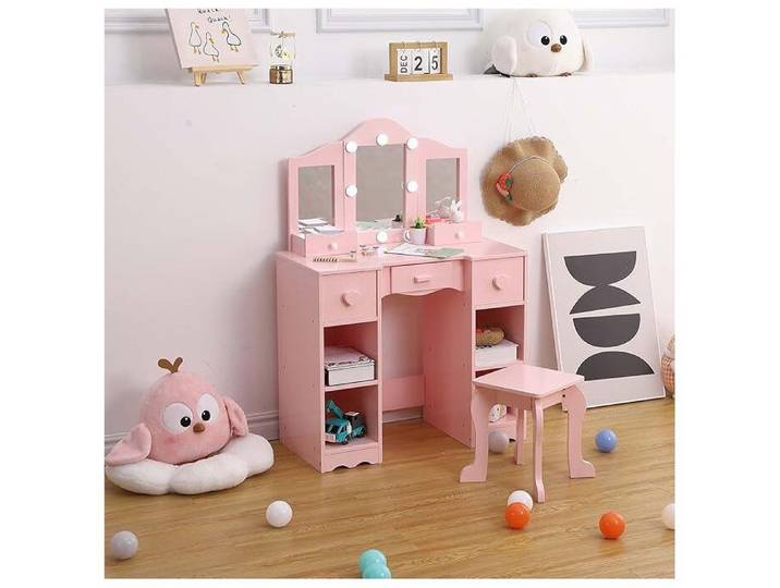 Coiffeuse - PROMIRACAL - Coiffeuse avec Miroir Triple - 99x59x29cm - 4 Étagères - Avec Tabouret - Rose