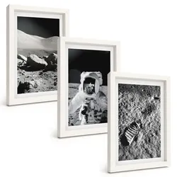 BILDER SET 3er Set - 20x30 cm Weißer Rahmen - NASA-Fotos vom Mond Astronaut