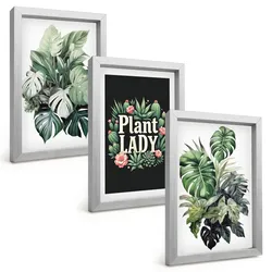 BILDER SET 3er Set - 20x30 cm Silberner Rahmen - Tropische Pflanzen, Pflanzenliebhaberin