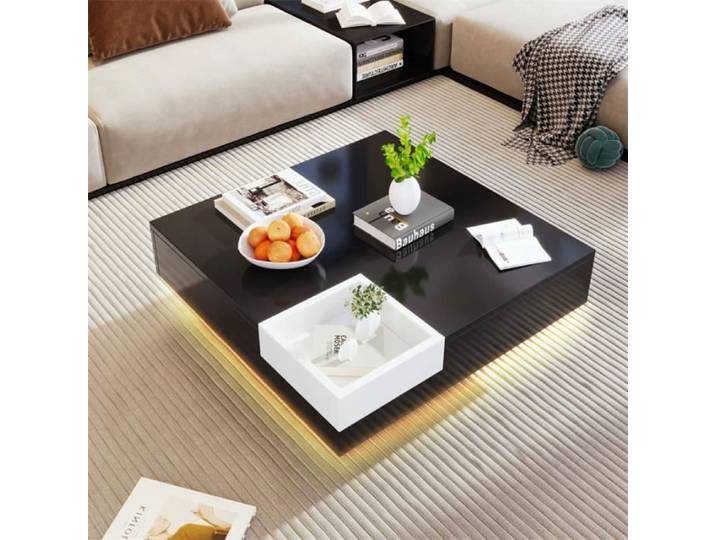 Table basse LED - DREAMMESPACE - Modèle carré - Noir - Boîte de rangement amovible - 72x72x30 cm