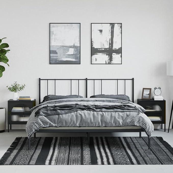 Nachttisch-Set, 2 Stück, Schwarz, 50x35x60 cm, eleganter Beistelltisch aus Riffelglas und pulverbeschichtetem Stahl, Stabiler Nachttisch für Schlafzimmer