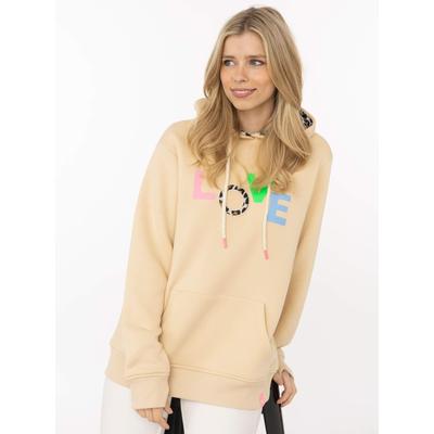 Hoodie ZWILLINGSHERZ "LOVE", Damen, Gr. S/M, beige, Sweatware, Obermaterial: 50% Baumwolle, 50% Polyester, Sweatshirts Hoodie, Kapuzeninnenseite mit Leomuster, großer Print, Kängurutasche