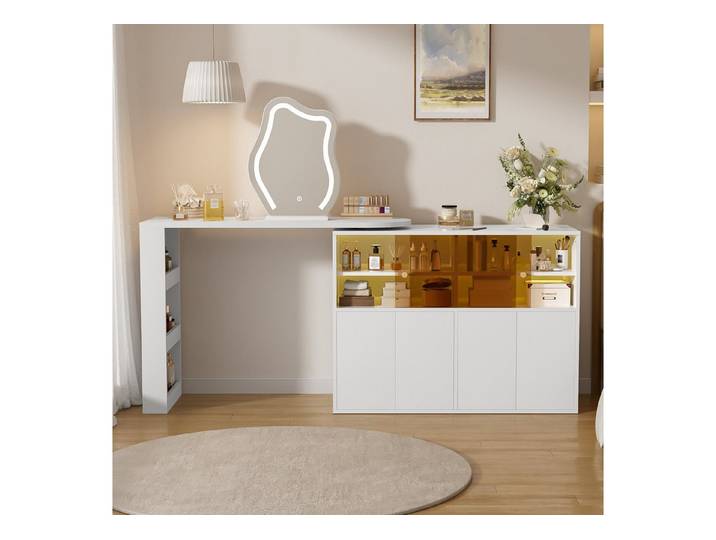Flieks Schminktisch, Drehbarer Schminktisch 177×40×131.5cm mit LED-Spiegel, vielem Stauraum