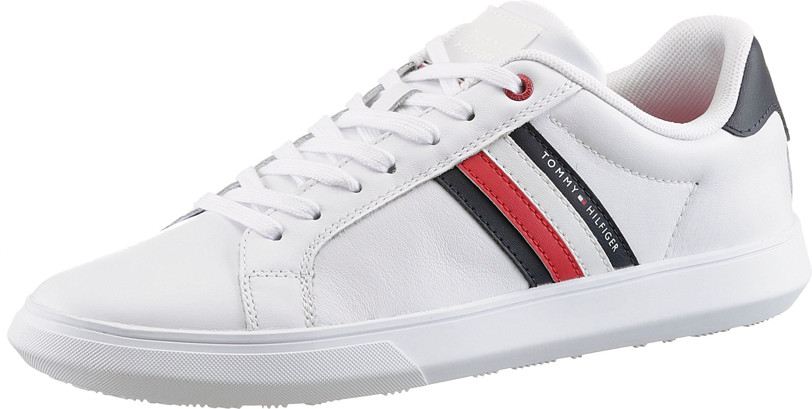 Sneaker TOMMY HILFIGER "ESSENTIAL LEATHER CUPSOLE", Herren, Gr. 40, Textil, bunt (weiß, dunkelblau), Leder, Schuhe Sneaker, Freizeitschuh, Halbschuh, Schnürschuh mit typischen Streifen weiß, dunkelblau 40, Textil