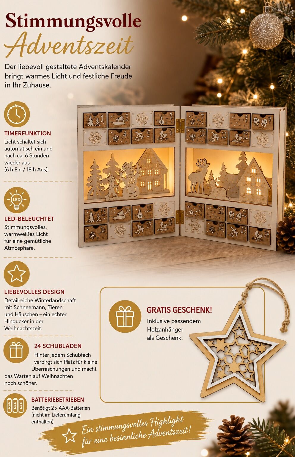 befüllbarer Adventskalender OTTO HOME "mit LED-Beleuchtung", braun (weiß), B:18cm H:22cm T:10,5cm, Holzwerkstoff, Adventskalender, befüllbarer Adventskalender, Mit Beleuchtung und 6h-Timer, winterliche Motive, Höhe 22 cm