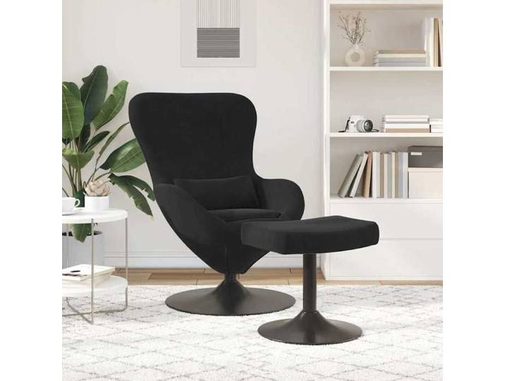Chaise Œuf avec pouf en velours - - Noir - 63x73x90 cm - Base pivotante 360° - Accoudoirs confortables
