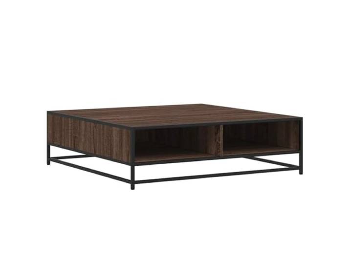 LASWWQMRF Couchtisch Eichen-Optik 100x100x30 cm Holzwerkstoff Metall Quadratischer Beistelltisch fürs Wohnzimmer mit Ablagefach, Metallgestell und dunklem Holzwerkstoff in Eichen-Optik.