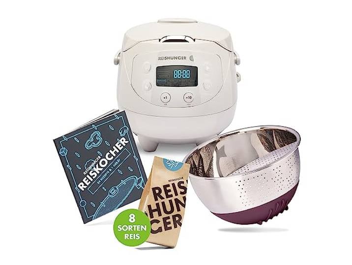REISHUNGER Digitaler Reiskocher klein – 0,6 L – Starterset – Grau Für bis zu 3 Personen – 11-teiliges Starterset inkl. Reiswaschschüssel, Kochbuch & 8 Sorten Reis