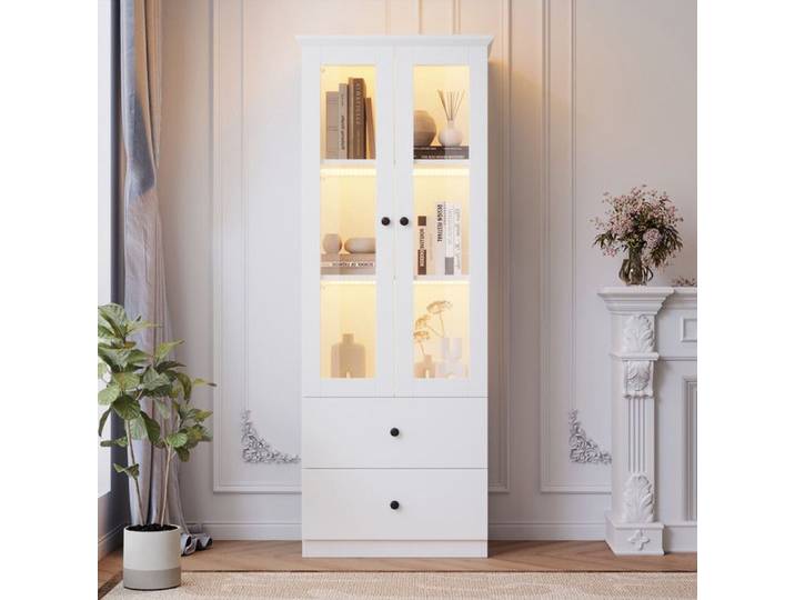 Vitrine avec lumières LED vitrine en verre avec tiroirs et étagères réglables vitrine de collection armoire haute - Blanc