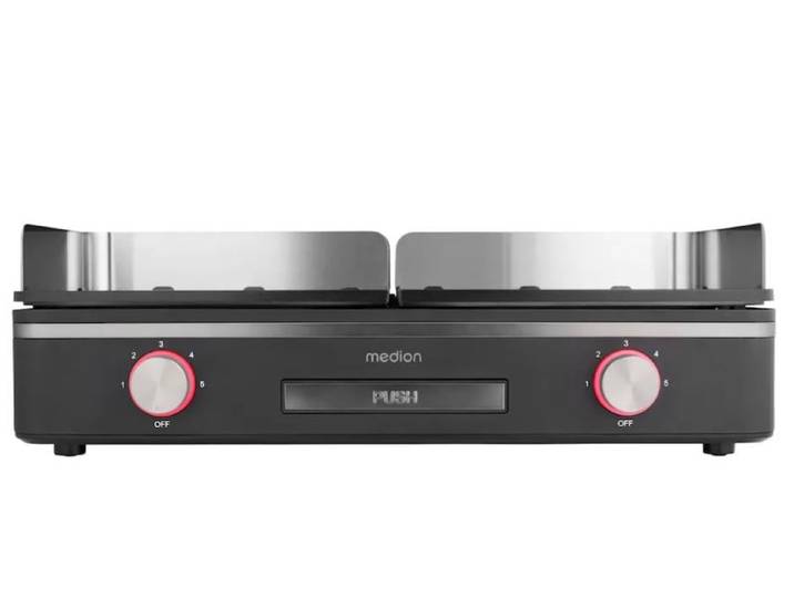 Tischgrill MEDION MD12027, mit Dual-Zonen-System, 2,400 Watt, 2 abnehmbare Platten , schwarz (schwarz, edelstahl), B:52,1cm H:10,2cm T:28,4cm, Kontaktgrill_Standgrill_Tischgrill_Teppanyakigrill, Tischgrill, bis max. 240 C, PFAS Frei, LED-Statusanzeige, IPX4-Schutz