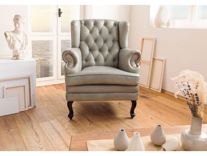 Fauteuil à oreille en cuir véritable gris CHESTERFIELD #201